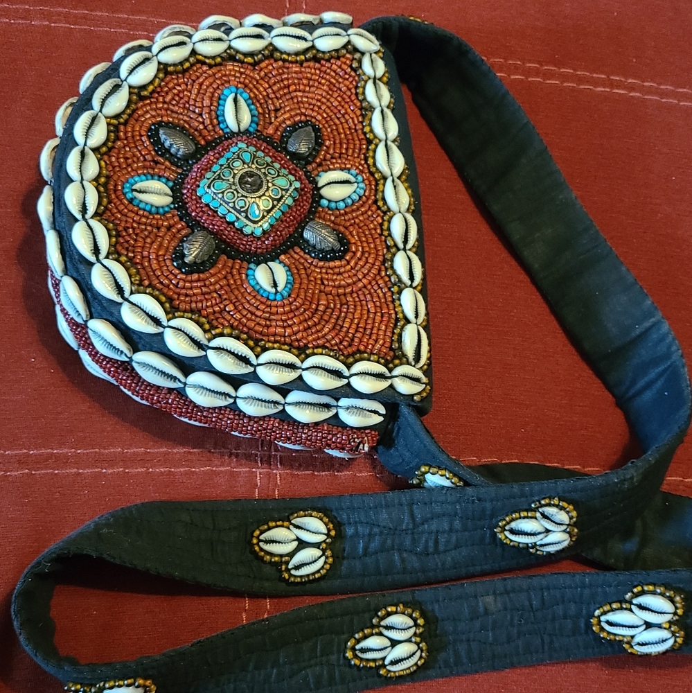 Cowrie shell handbag burgundy and black. Handmade north African